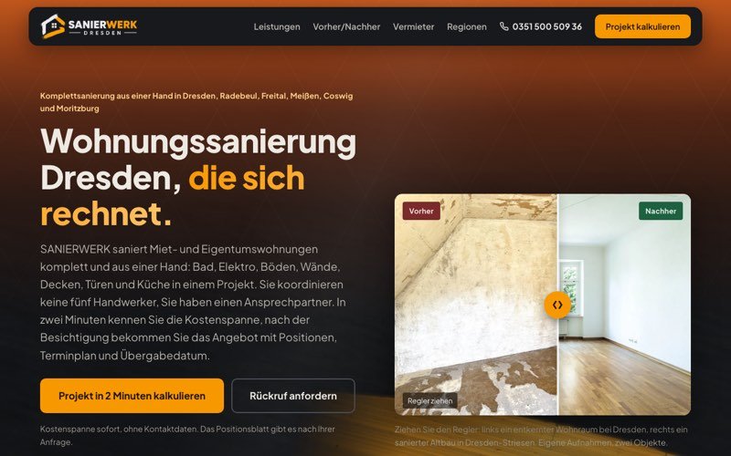 Referenzprojekt AKTIVIERUNGSWERK: Website sanierwerk-dresden.de, Komplettsanierung von Wohnungen in Dresden